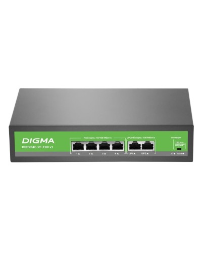 DSP204F-2F-T80 DSP204F-2F-T80 V1 (L2) 6х100Мбит/с 4PoE 4PoE+ 80W. Коммутатор с питанием по PoE. Digma в Первоуральске