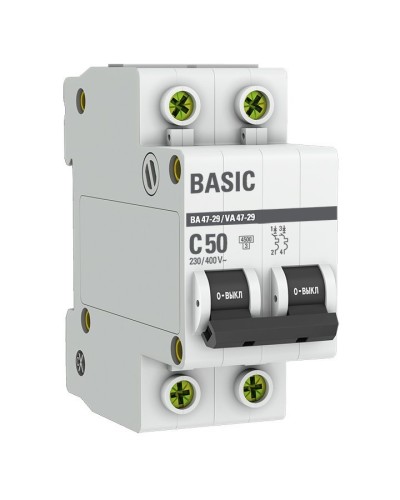 Автоматический выключатель 2P 50А (C) 4,5кА ВА 47-29 Basic (mcb4729-2-50C). Автоматический выключатель. EKF в Первоуральске
