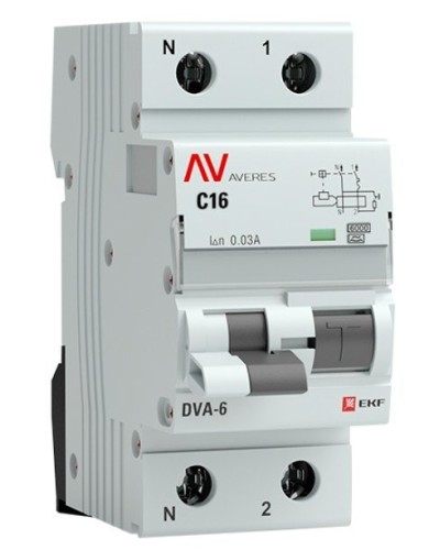 DVA-6 1P+N 16А (C) 30мА (AC) 6кА  AVERES (rcbo6-1pn-16C-30-ac-av). Автоматический выключатель дифференциального тока. EKF в Первоуральске