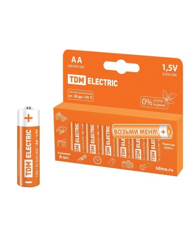 LR6 AA Alkaline 1,5V PAK-8 TDM (SQ1702-0009). Элемент питания. TDM ЕLECTRIC в Первоуральске